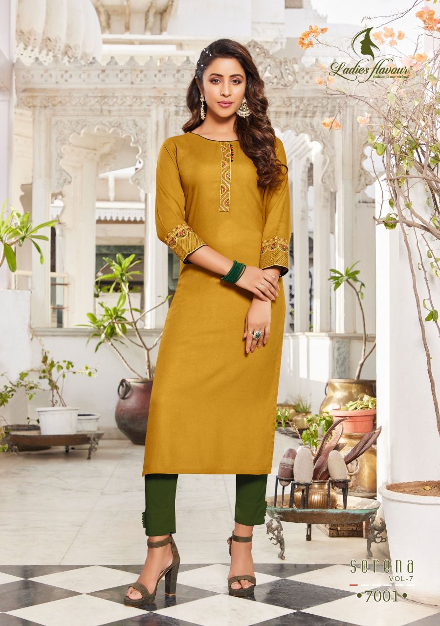 Ladies Flavour Serena 7 Rayon New Fancy Ethnic Wear Designer Kurtis Collection